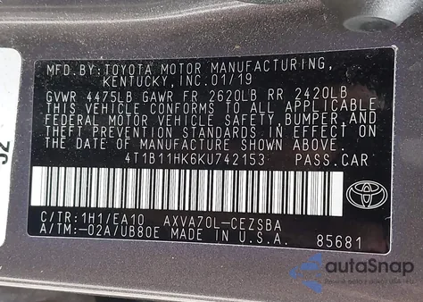 2019 Toyota Camry Se from USA, damaged, VIN 4T1B11HK6KU742153